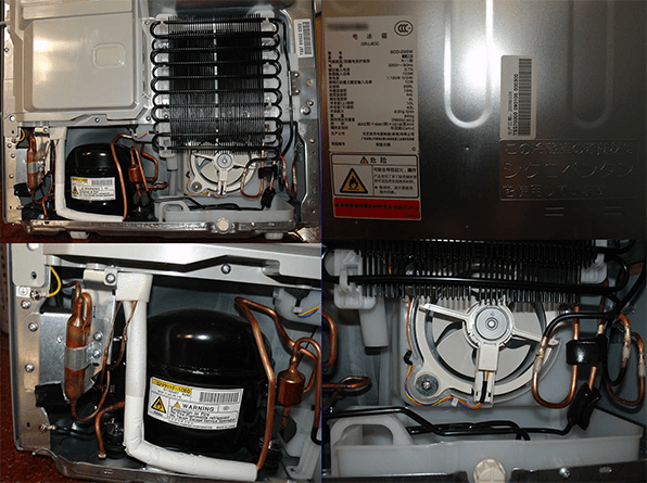 the back view of a refrigerator including a compressor, fan, condenser, etc